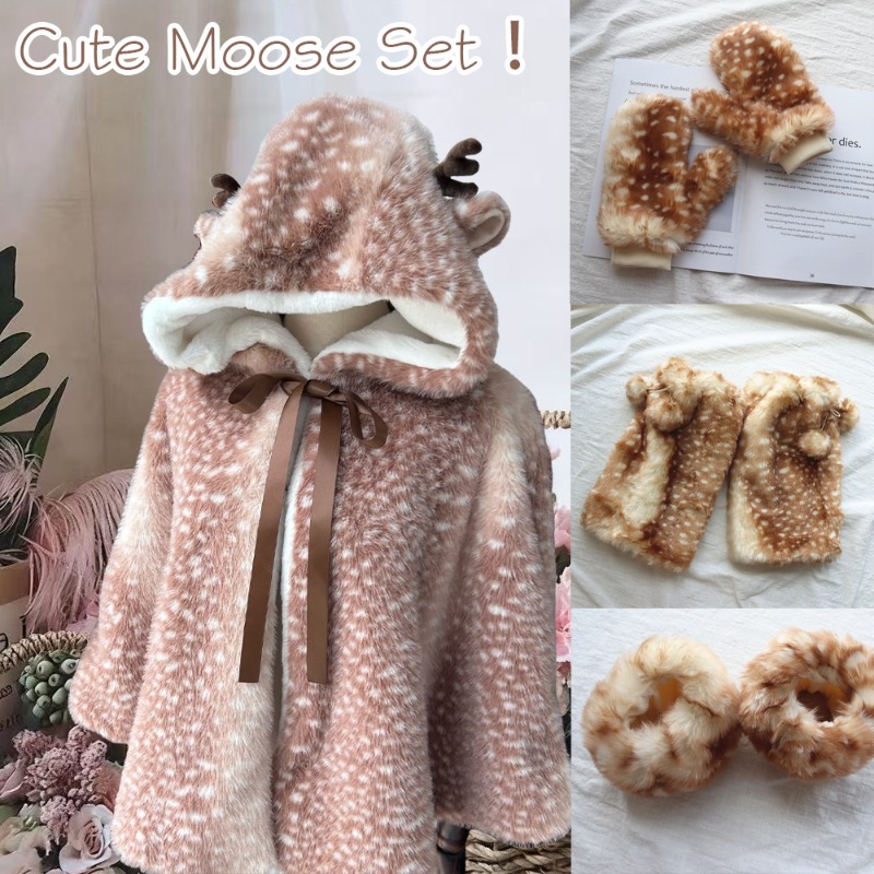 Winter Clothing Pk - เสื้อคลุมกันลมลายกวางน่ารักสไตล์ญี่ปุ่นสำหรับผู้หญิงช่วงฤดูหนาว ผ้าพลัฌพิมพ์ลายจุดคริสต์มาส หนานุ่ม อบอุ่น สไตล์คาวาอี้