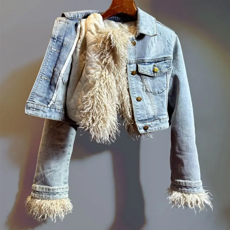 Winter Clothing Hong Kong - เสื้อแจ็คเก็ตผ้าฝ้ายยีนส์สำหรับผู้หญิง รุ่นใหม่ฤดูหนาว ทรงสั้น หนา อบอุ่น แฟชั่น