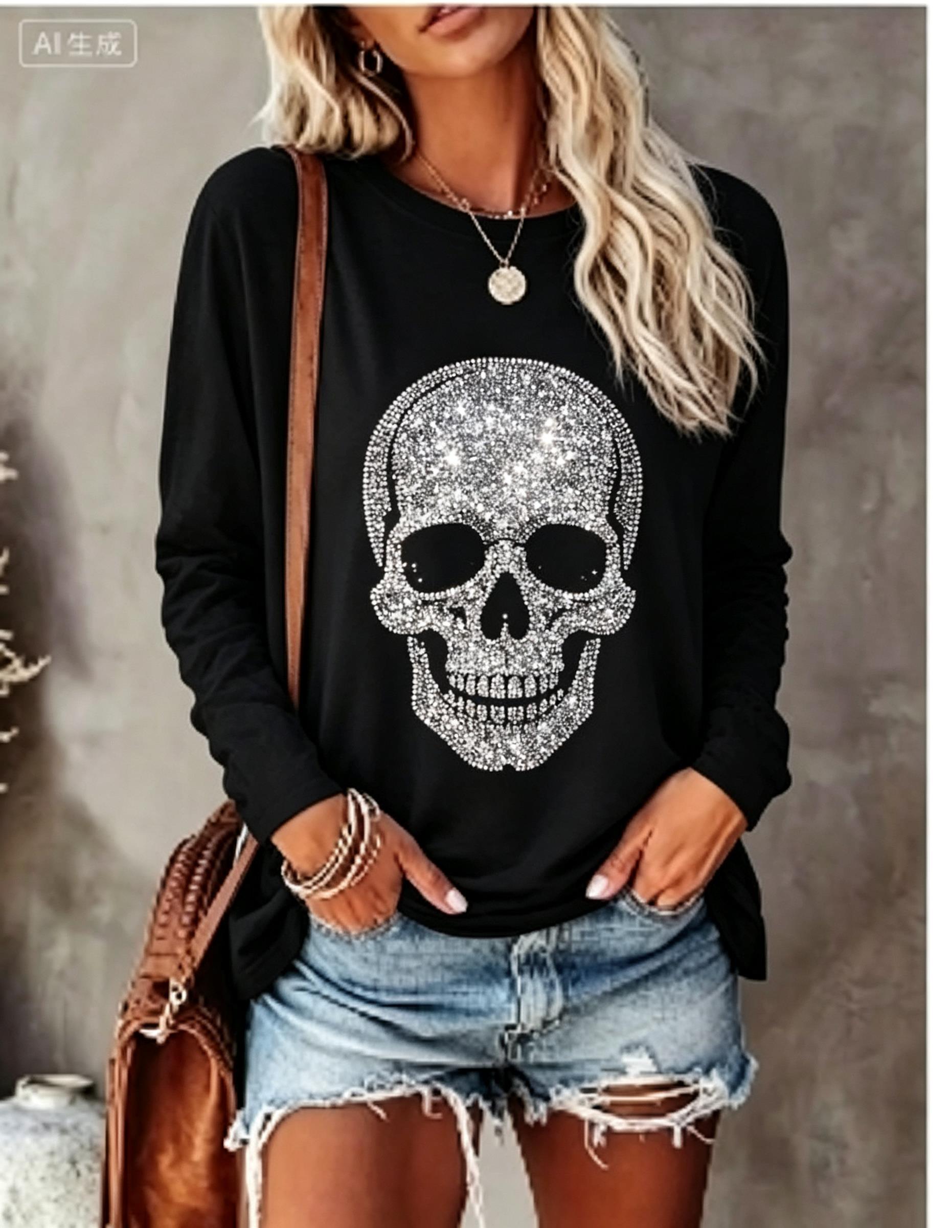 Winter Clothing For Women - เสื้อยืดแขนยาวผู้หญิง ลายพิมพ์กอธิค กะโหลกประดับเพชรเทียม กุหลาบแดง คอกลม เสื้อแฟชั่นฤดูใบไม้ร่วง