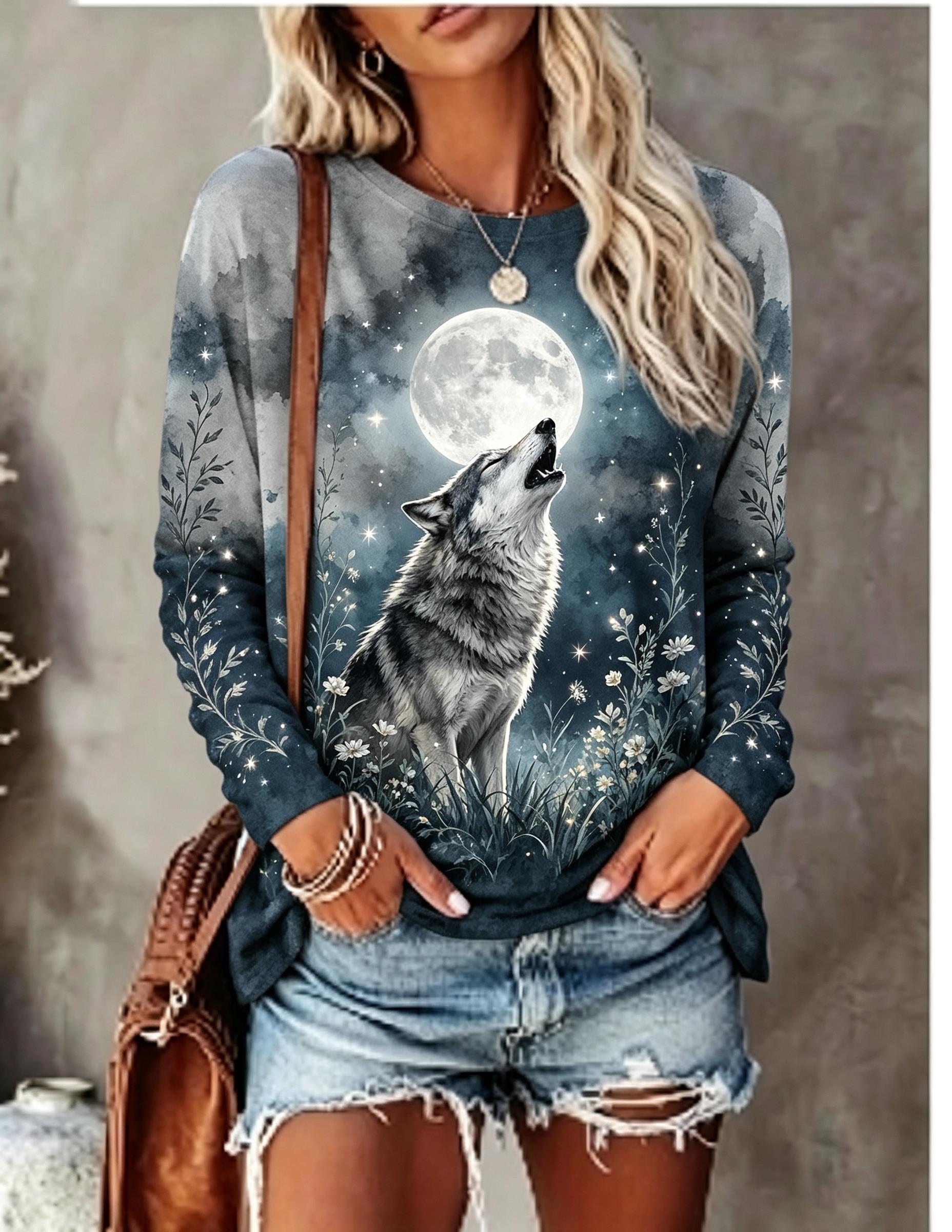 Winter Clothing For Women - เสื้อยืดแขนยาวผู้หญิง ลายหมาป่าคำราม พระจันทร์เต็มดวง ดอกไม้ป่า พิมพ์ลายกลางคืน คอกลม